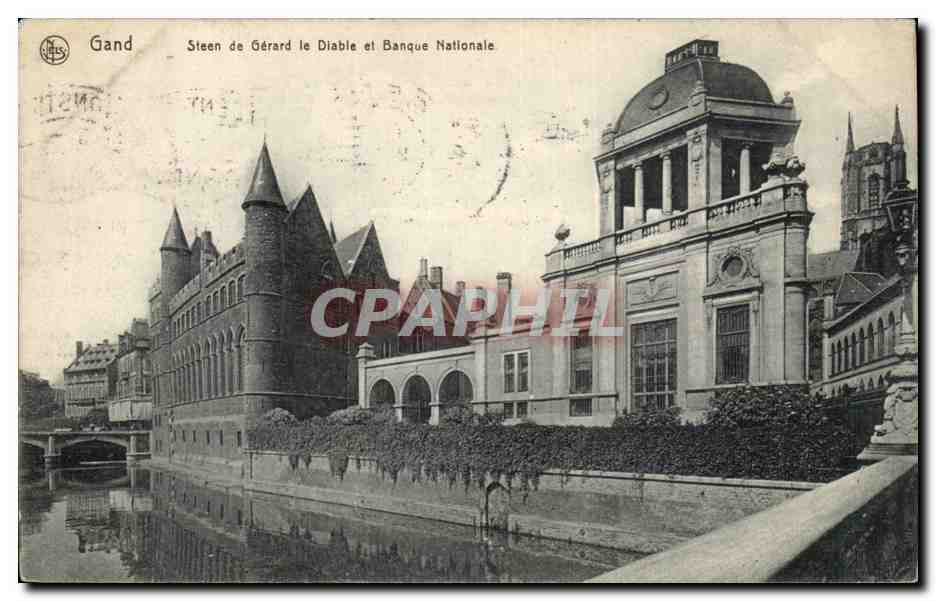 Belgie Belgique CPA Gand Steen de Gerard le diable et banque nationale