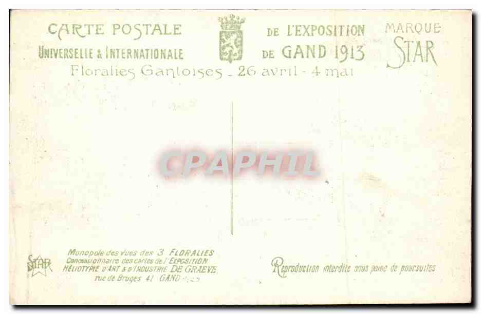 Exposition de Gand 1913 — Floralies Gantoises — Éditeur STAR — Rückseite