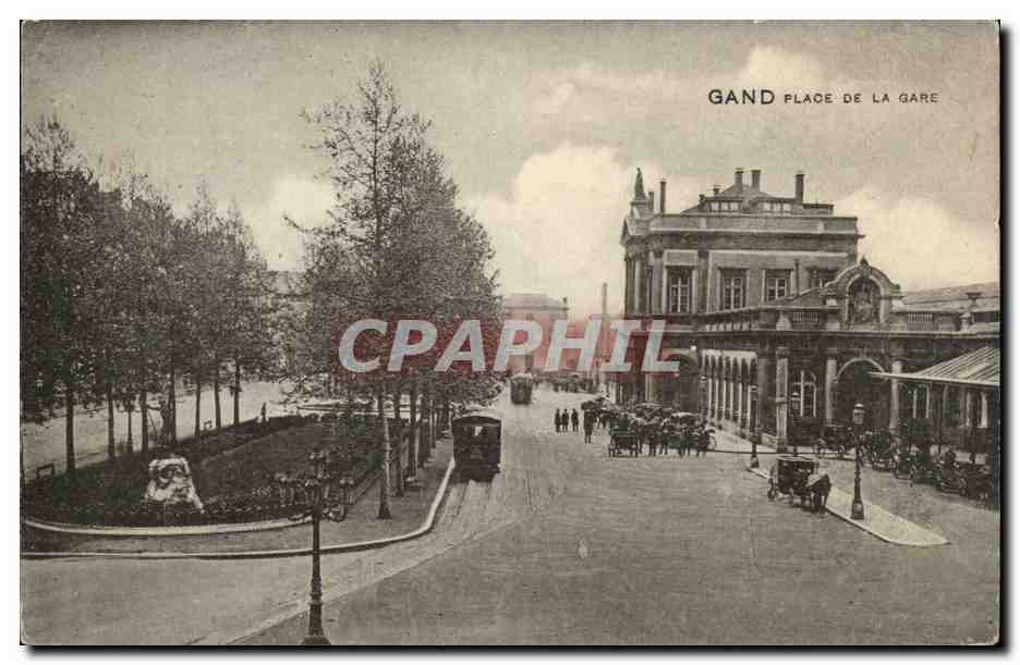 CPA Belgique Gand place de la gare (publicite Mont de Piete Maison Bleue Rue Ghislain )