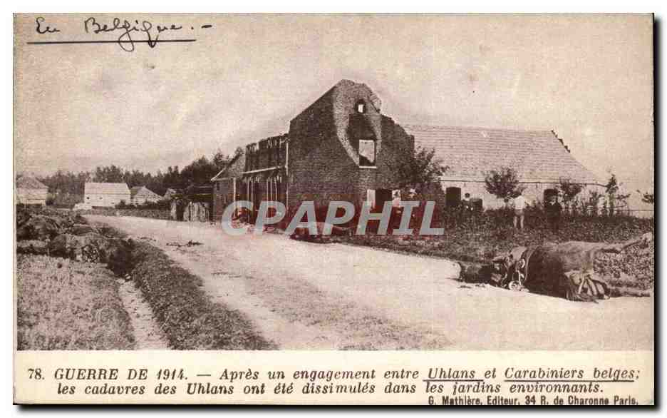 Uhlans und belgische Carabiniers — Gefecht 1914 — G. Mathière, Verlag Paris