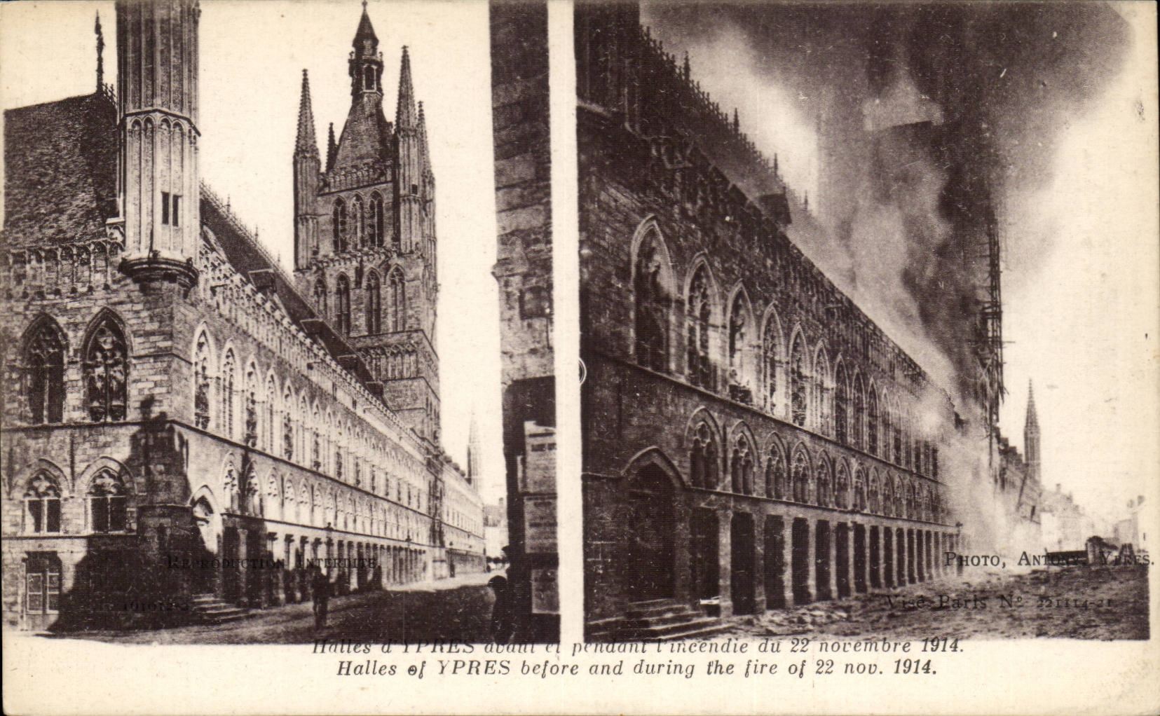 CPA Belgique Ypres Halles avant et apres l'incendie du 22 novembre 1914