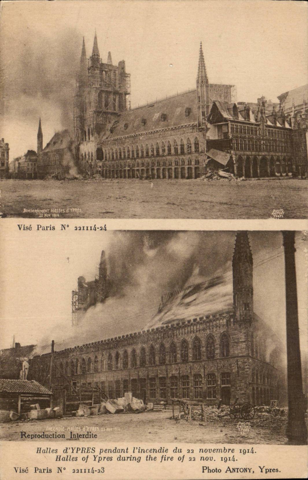 Halles d'Ypres pendant l'incendie du 22 novembre 1914 — Visé Paris N° 221114-23 et 221114-24 — Photo Antony, Ypres