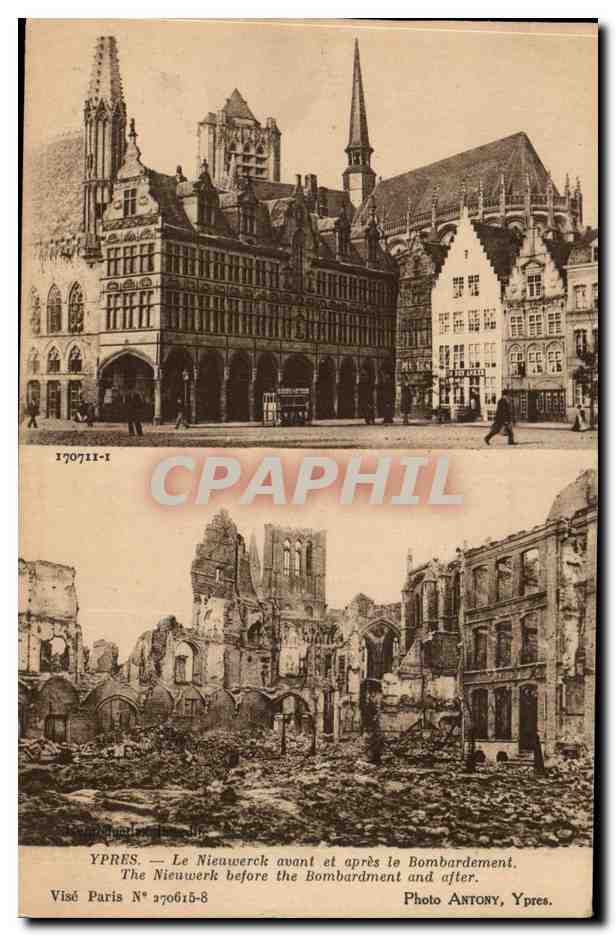 CPA Belgique Ypres Le Nieuwerck avant et apres le bombardement