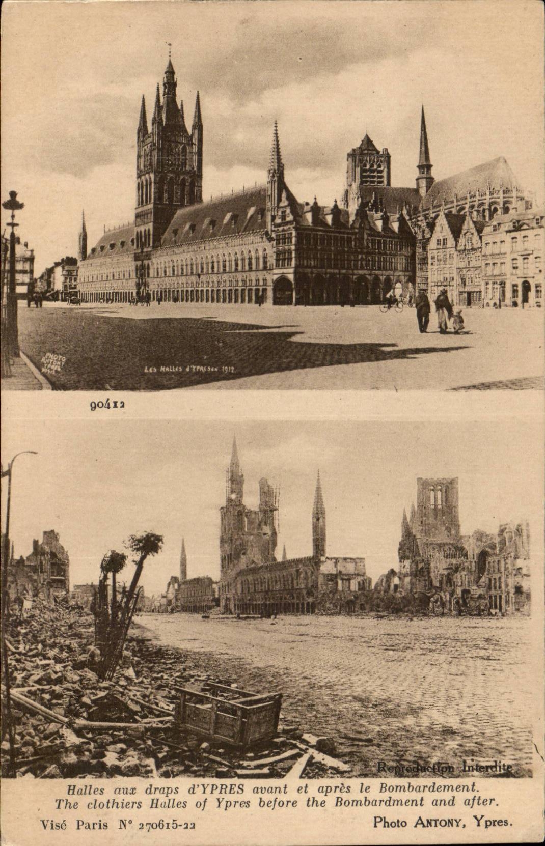 Halles d'Ypres avant et après le bombardement — Photo Antony, Ypres, N° 90412