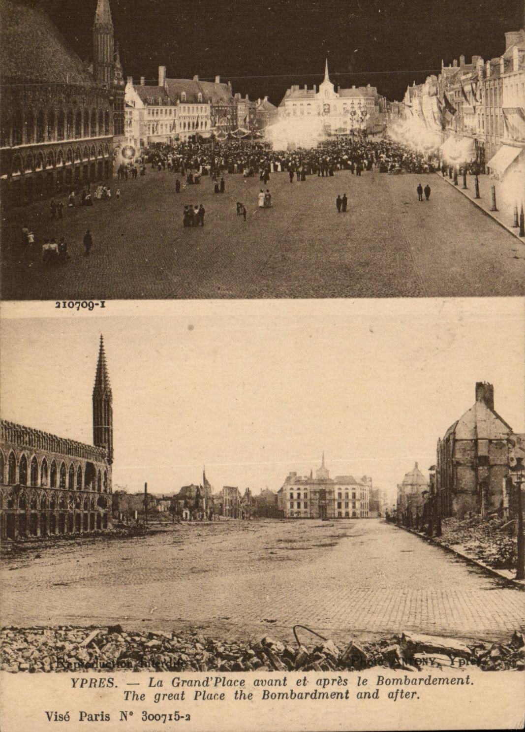 CPA Belgique Ypres La grand place avant et apres le bombardement