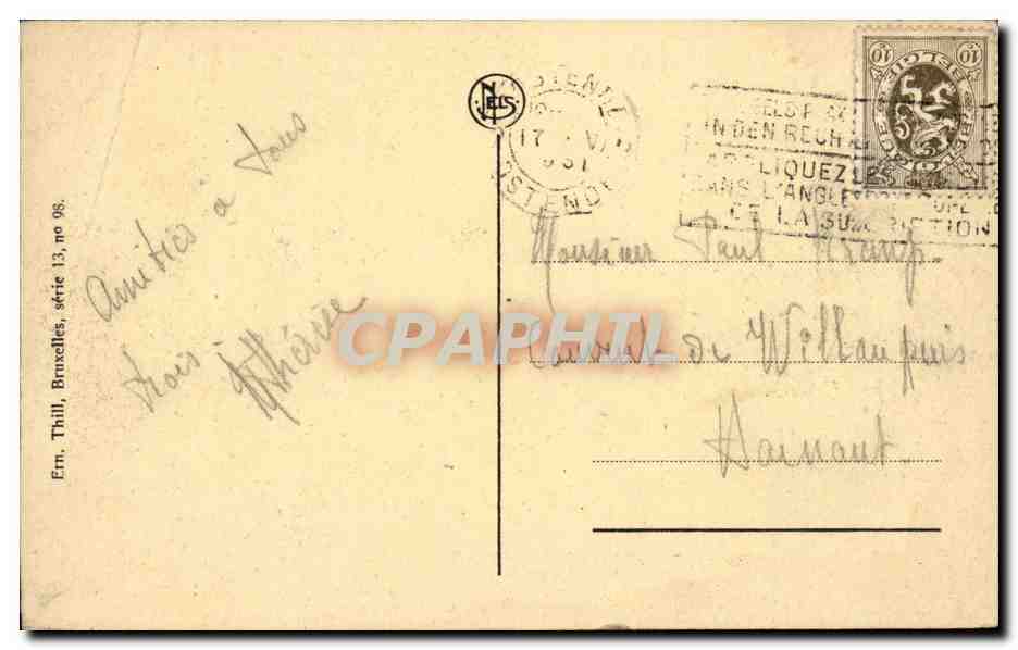 Ostende — Les squares du Kursaal et l'Avenue Léopold — Éditeur Thill, série 13, n° 98 — Rückseite