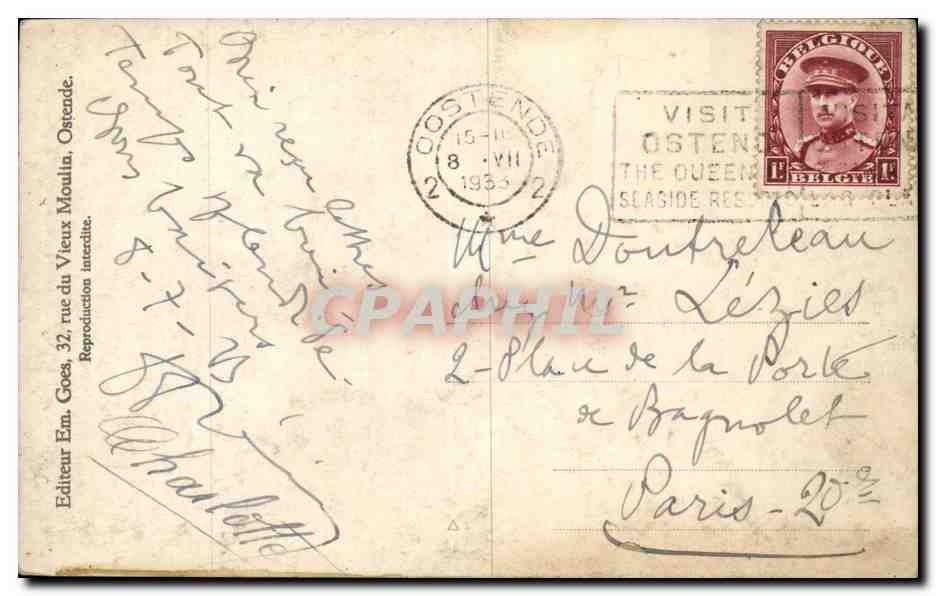 Ostende — La Plage et la Digue — 5 — Éditeur Em. Goes, rue du Vieux Moulin — Verso
