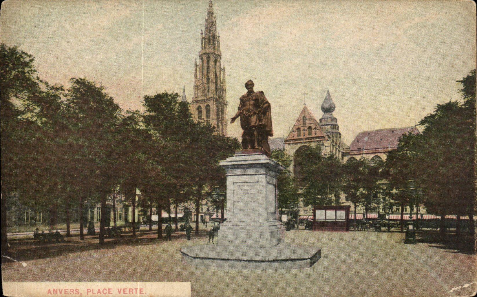 Anvers, Place Verte — statue monumentale et église Sainte-Croix — éditeur non identifié
