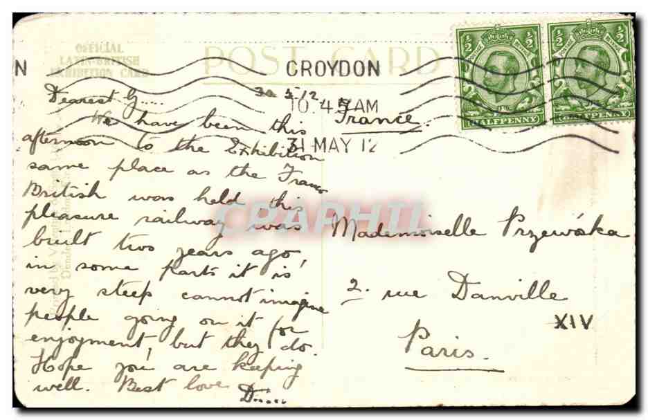Grande Bretagne Great BRitain CPA Mountain Railway Latin British exhibition London 1912 — Rückseite