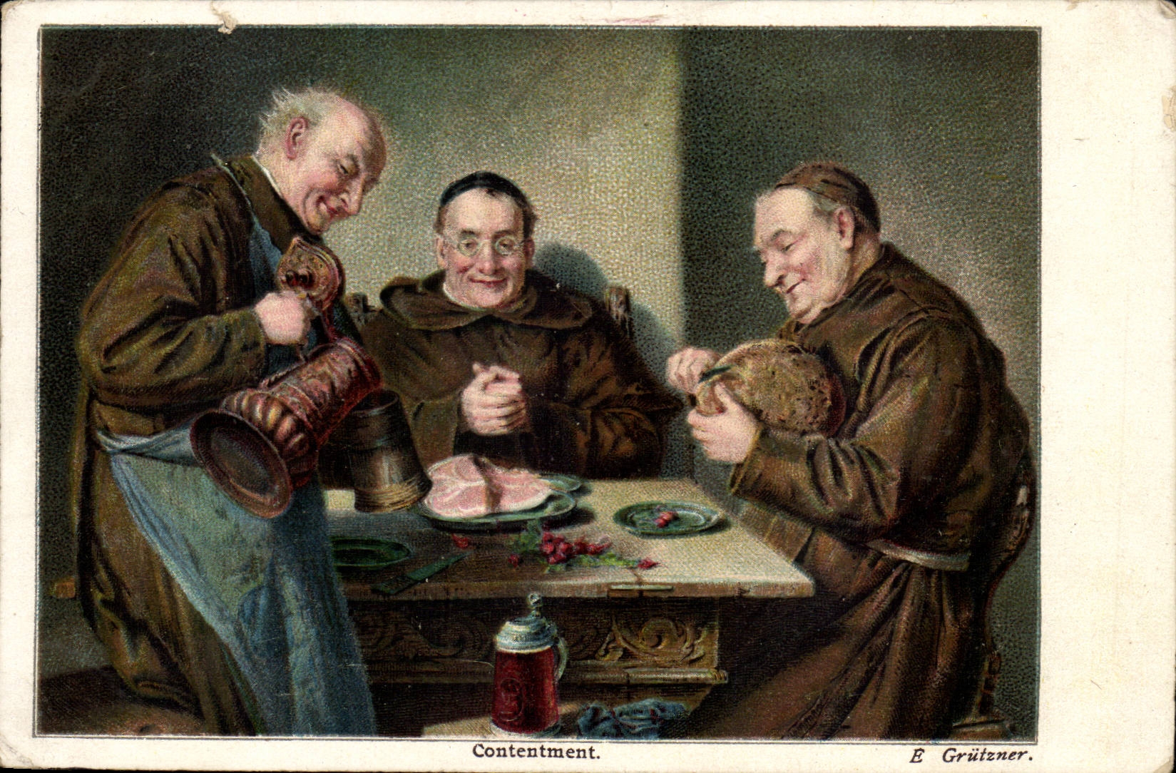 Frères moines dégustant un repas — E. Grützner — série XVII de Raphael Tuck & Sons