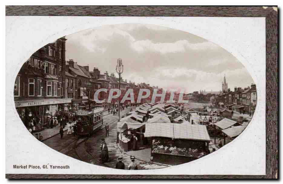 Market Place, Gt. Yarmouth — vue de marché avec tramway — éditeur : S. & J. H. S. Ltd. (n° de série non visible)