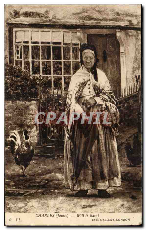 CPA Charles James Will it rain ? (folklore femme chicken poule)