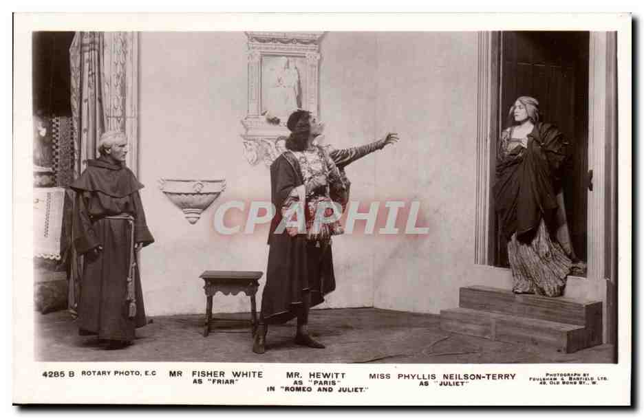 Scène de 'Roméo et Juliette' — Mr Fisher White en Frère, Mr Hewitt en Roméo, Miss Phyllis Neilson-Terry en Juliette — Rotary Photo, E.C.