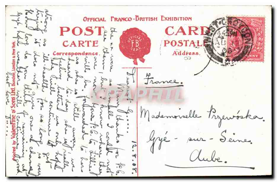 Grande Bretagne Great britain CPA Franco British exhibition London 1908 Fine art Palace — Rückseite