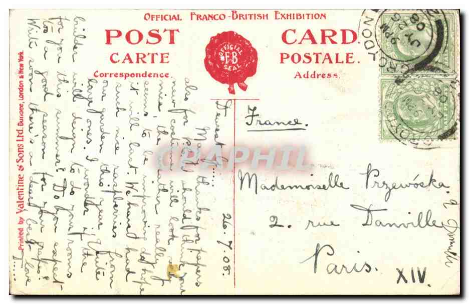 Grande Bretagne Great BRitain CPA Tower of applied arts palace Franco British exhibition 1908 — Rückseite