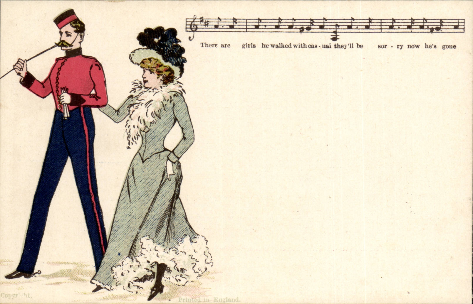 Soldaat en dame — muzikale scène — gedrukt in Groot-Brittannië
