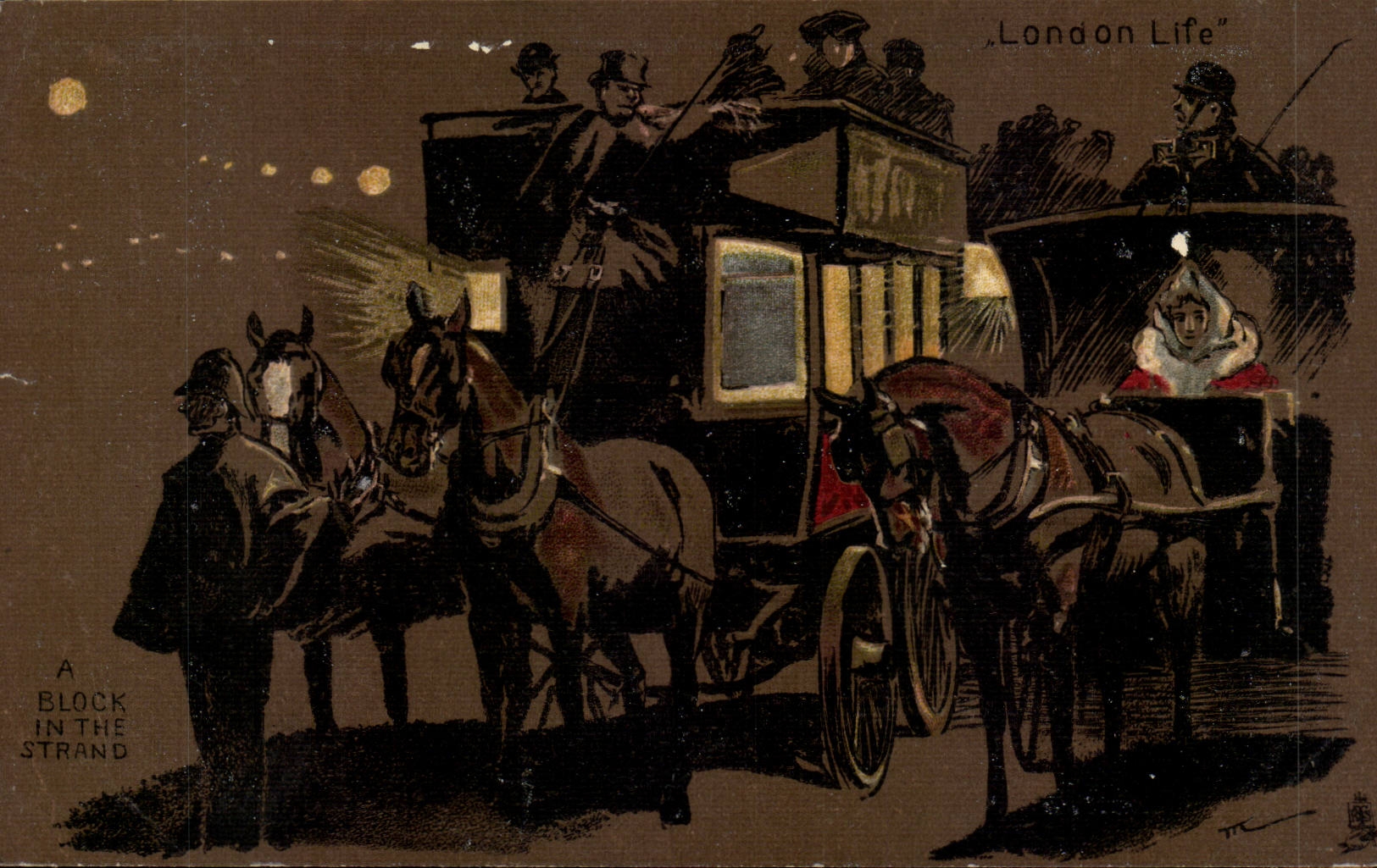 Grande Bretagne Great Britain CPA London life A block in the Strand (caleches voiture)