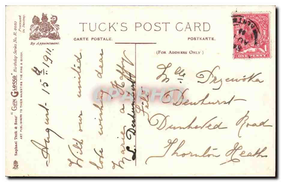 Souris dans un parc — carte d'anniversaire — Tuck's Post Card, série N° 8063 — Back