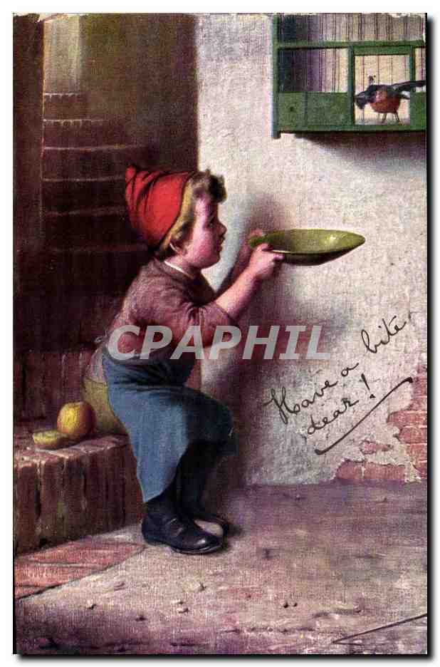 Enfant offrant de la nourriture à une poule — éditeur CPAPHIL, série 220