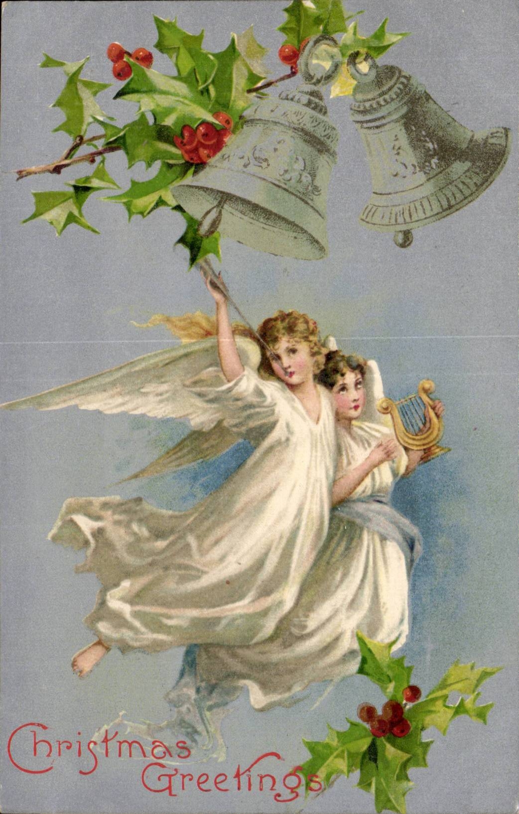 Ángeles con campanas y houx — Saludos de Navidad — Publicado por Wild A. Ravn, Londres, serie 647