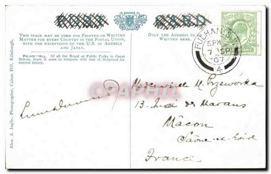 Grande Bretagne Great BRitain Ecosse Scotland CPA Holyrood palace & arhtur's seat Edinburgh — Rückseite