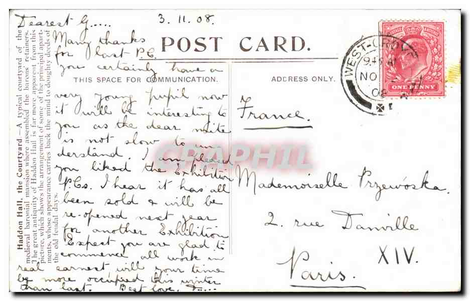 Grande Bretagne Great BRitain CPA Haddonhall Midland route Liverpool Manchester and London — Rückseite