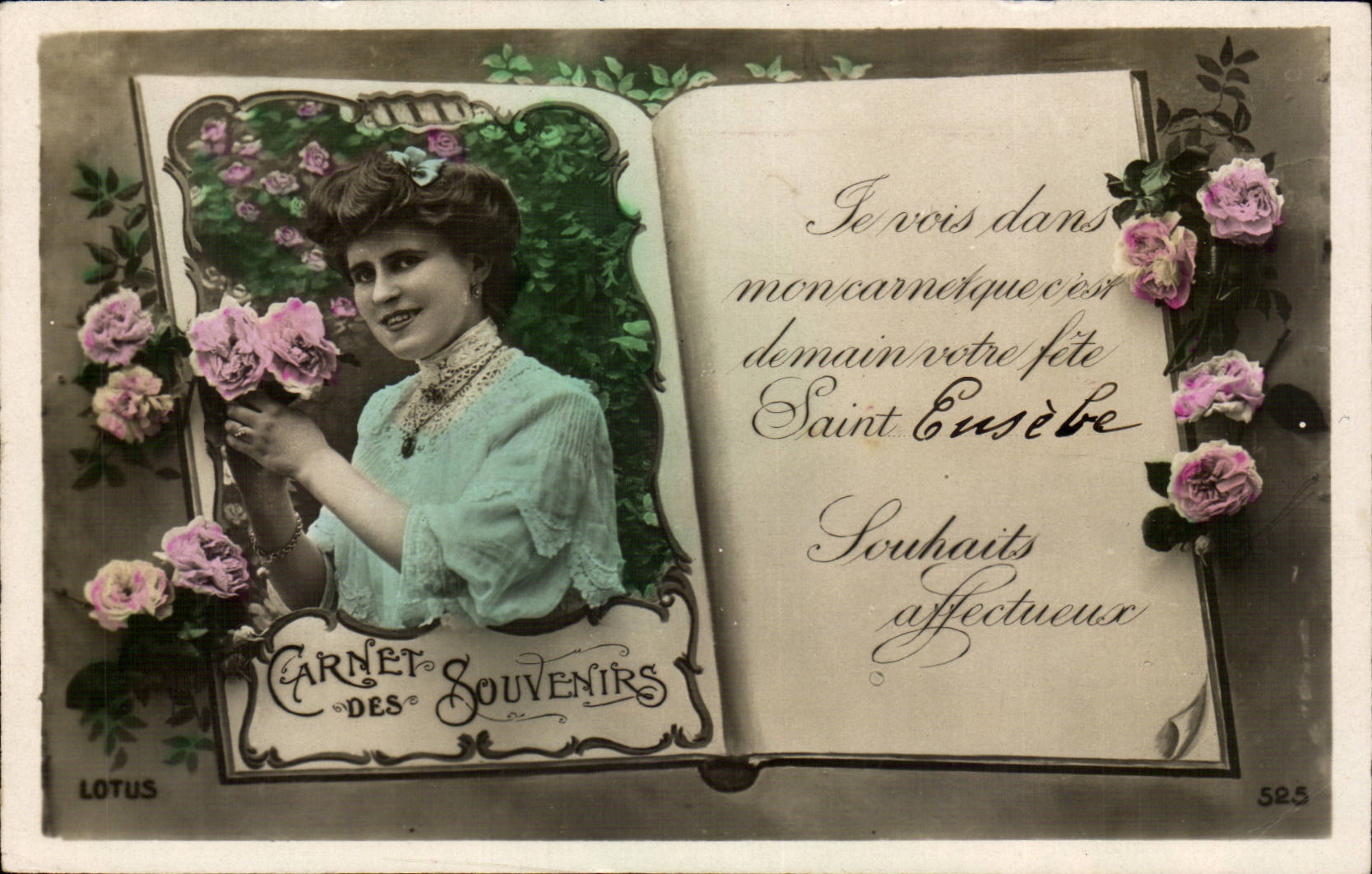 Fantaisie - Femme - Je vois dans mon carnet que c'est demain votre fete Saint Eusebe - Souhaits affectueux - CPA 