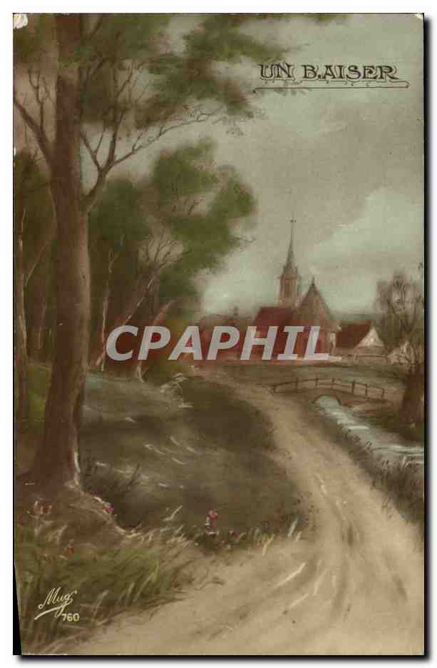 Fantaisie - Un Baiser - Petite village et eglise - CPA 