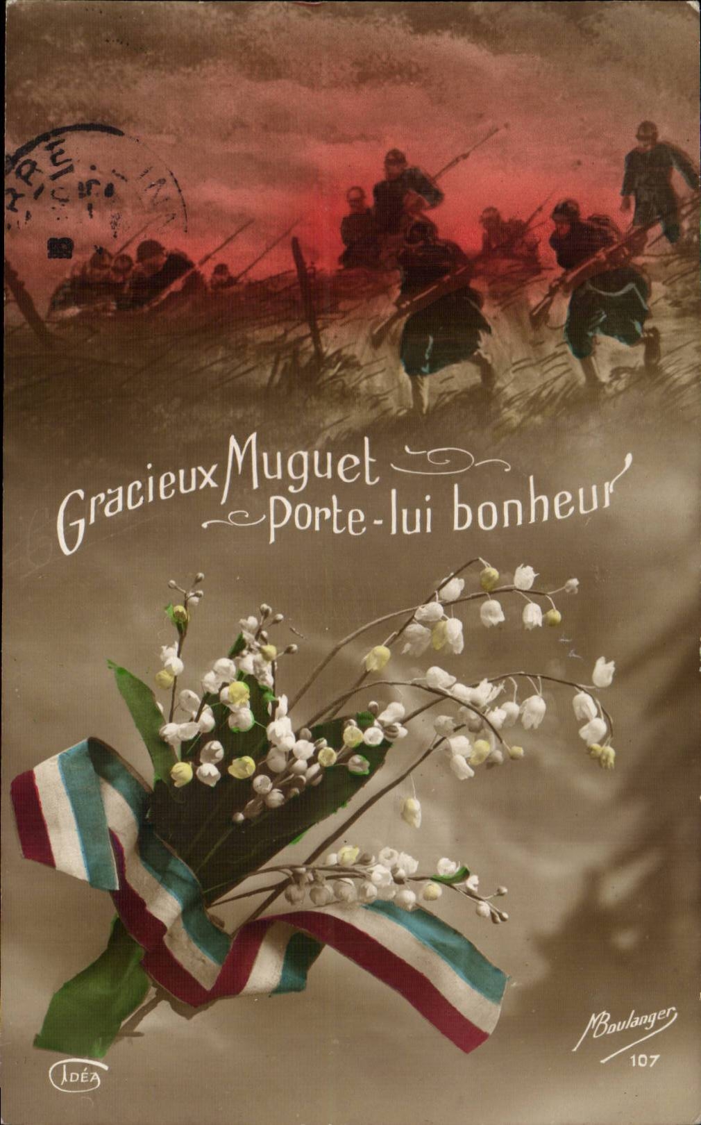 Fantaisie - Militaria - sodat - Gracieux Muguet porte lui bonheur - drapeau ruban lilly of the valley - CPA 