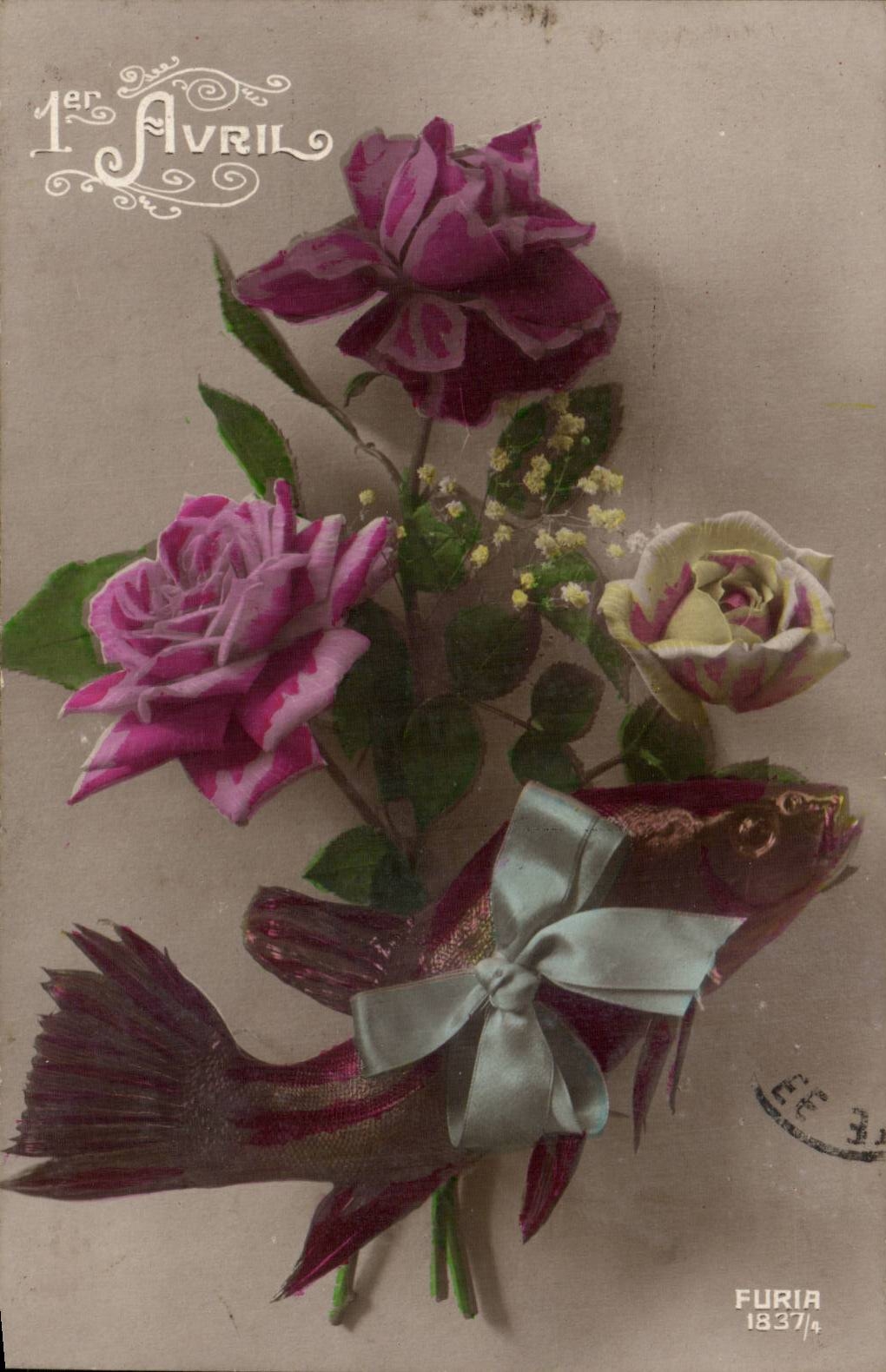 Fantaisie - Fete - Premier Avril - poisson - rose - la peche - CPA 