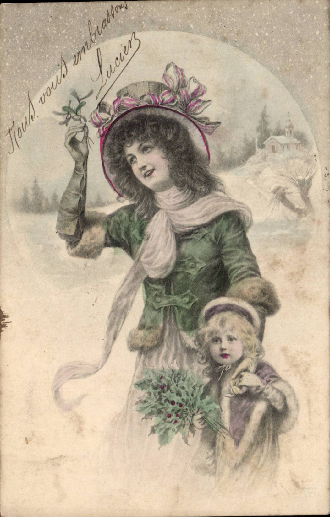 Femme et enfant en hiver — scène de Noël — éditeur M. M. Vienne, n° 156