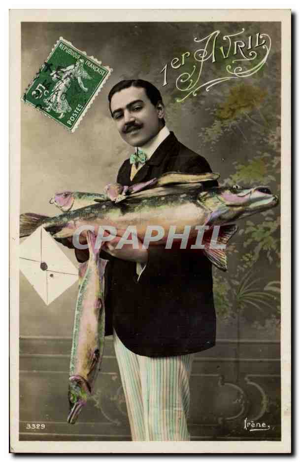 Fantaisie - Homme - 1er Avril - poisson - la peche - CPA 