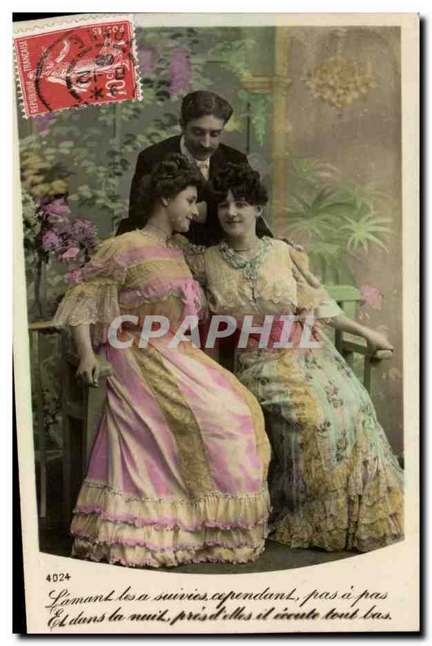 Dos jóvenes mujeres y un hombre — escena de jardín — editor anónimo, n° 4024