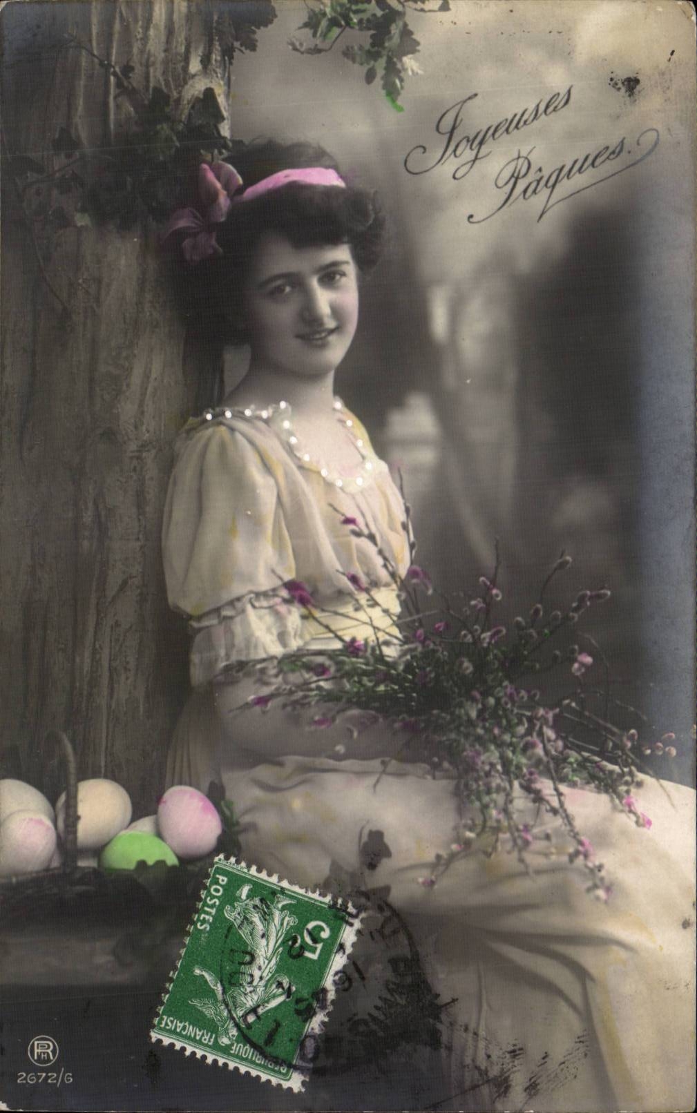 Jeune femme avec œufs de Pâques — Joyeuses Pâques — éditeur R. 2672/6