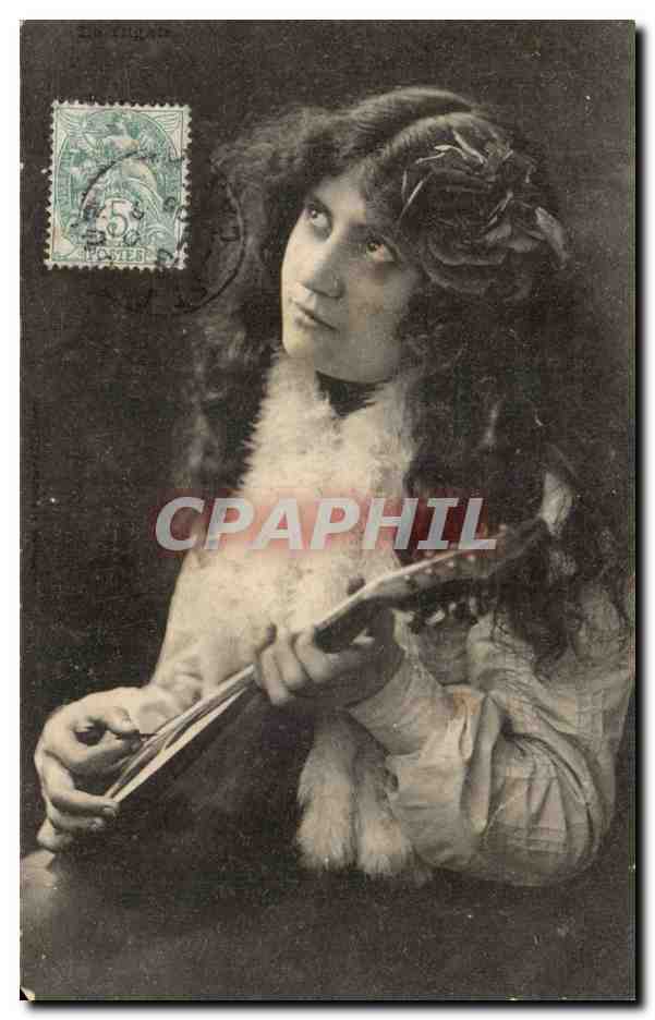 Fantaisie - Femme avec guitare - musique - instrument - CPA 