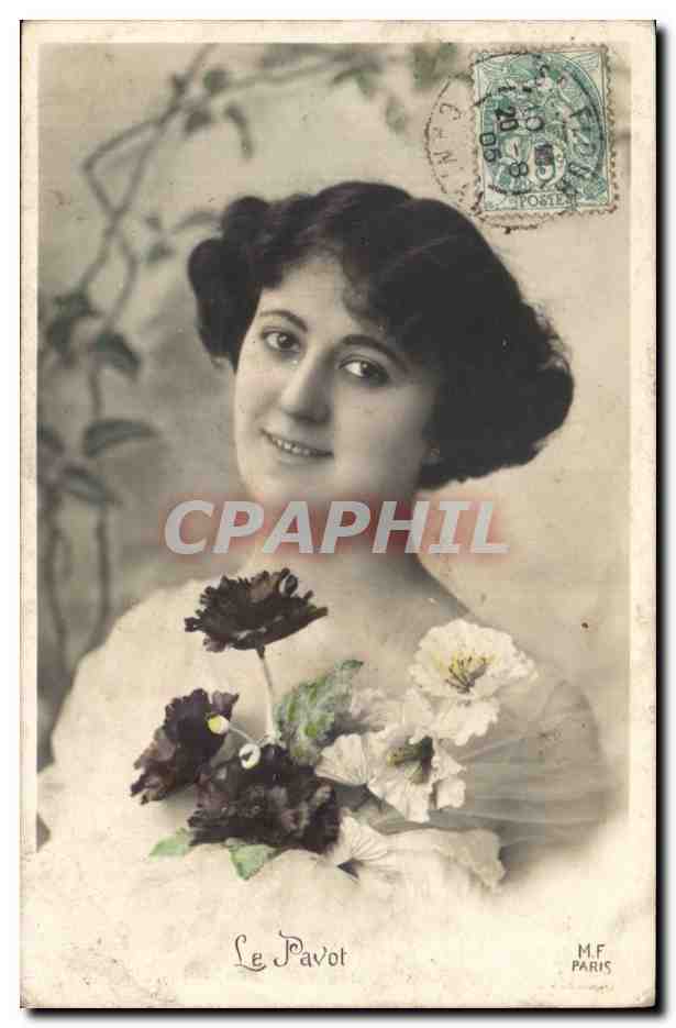 Fantaisie - Femme avec fleurs - la Pavot - Woman with curly bobbed hair - CPA 