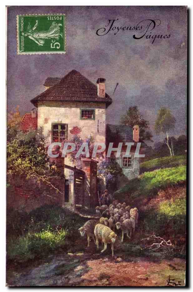 Fantaisie - Joyeuse Paques - mouton jolie - maison - Hortense Delort - CPA 