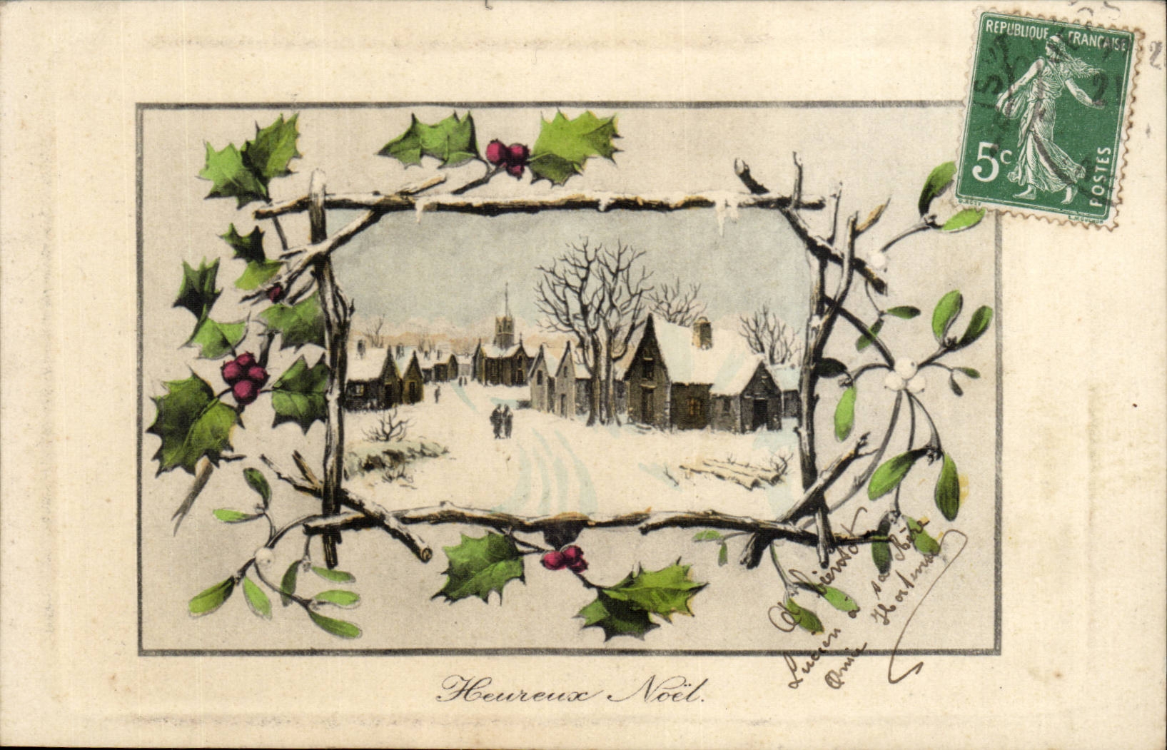 Fantaisie - Heureuse Noel - Village sous neige - houx - holly - CPA 