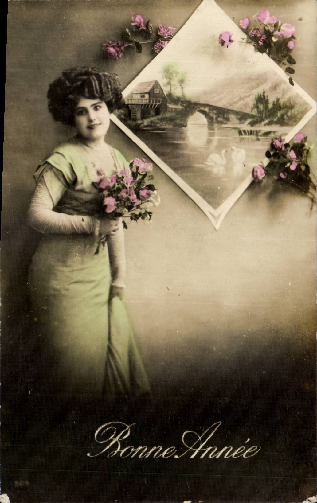 Junge Frau in grüner Robe — mit floraler Verzierung und Landschaft — anonymer Verleger, Nr. 508