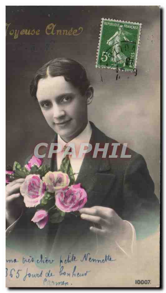 Jeune homme offrant des roses — carte de vœux — éditeur inconnu, n° 10007