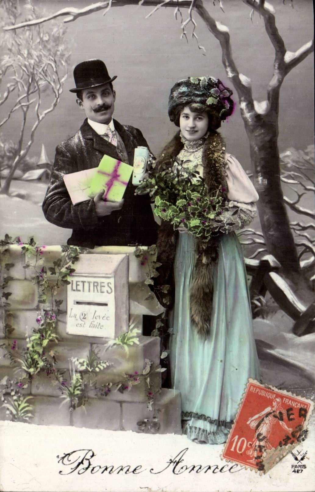 Couple en hiver — scène de Noël — éditeur inconnu, n° de série non visible