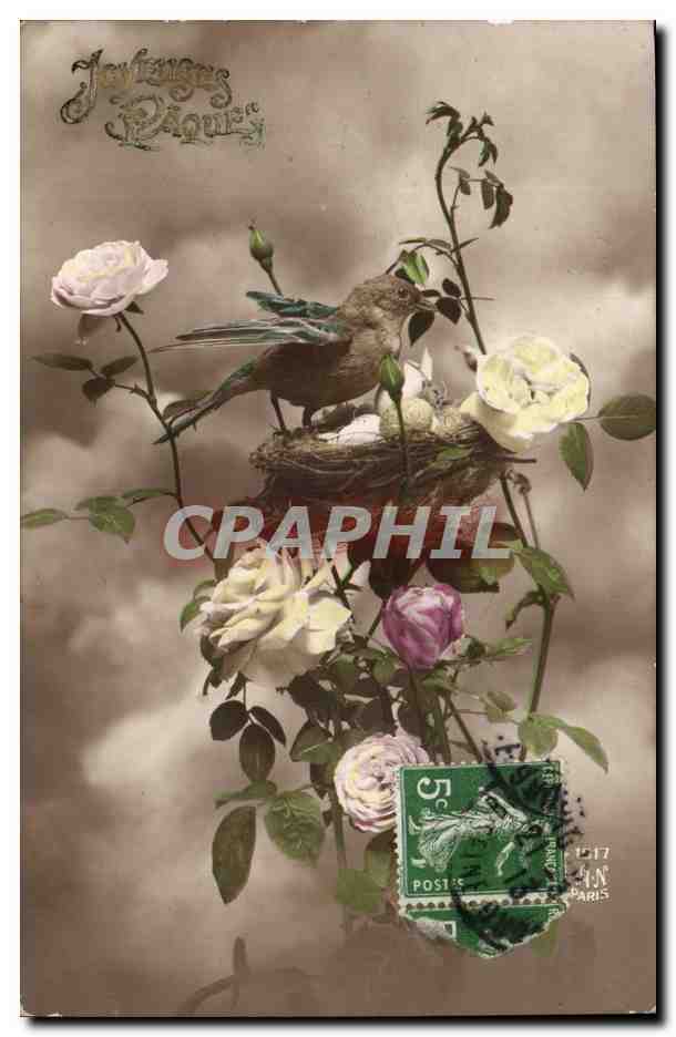Fantaisie - Fete - Joyeuse Paques - Oiseau et nid - bird and her nest - CPA 