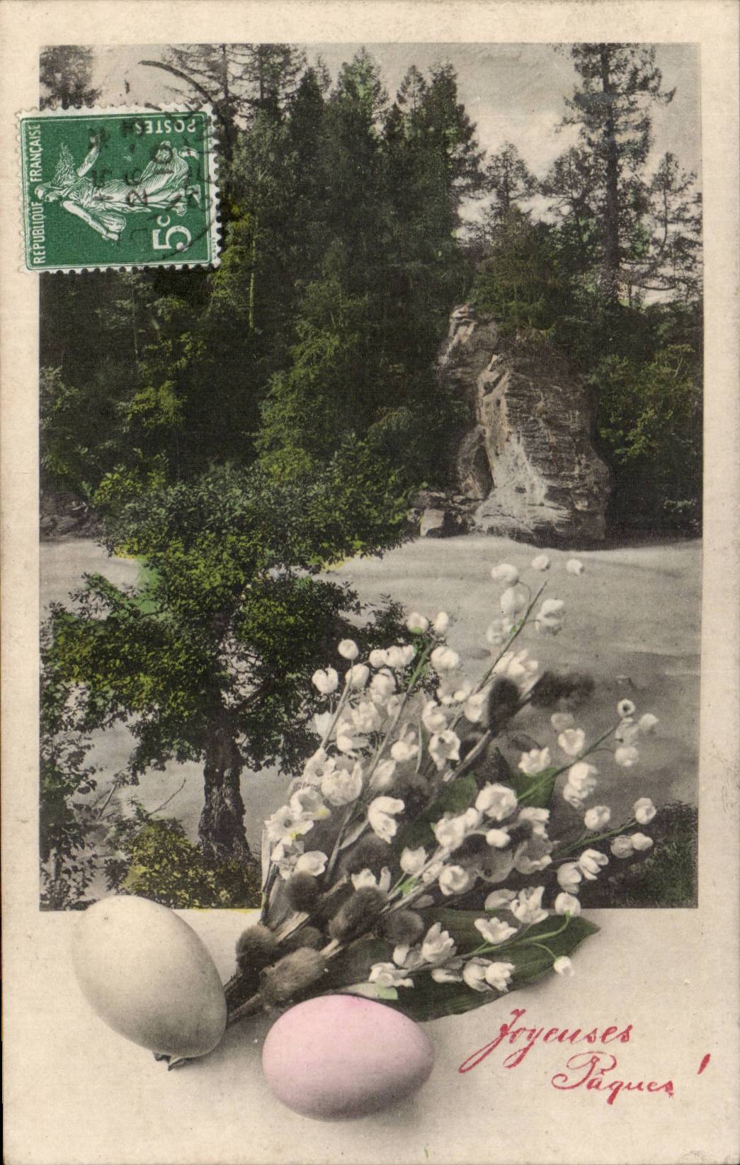 Fantaisie - Fete - Joyeuse Paques - muguet - oeufs - lily of the valley and eggs - CPA 