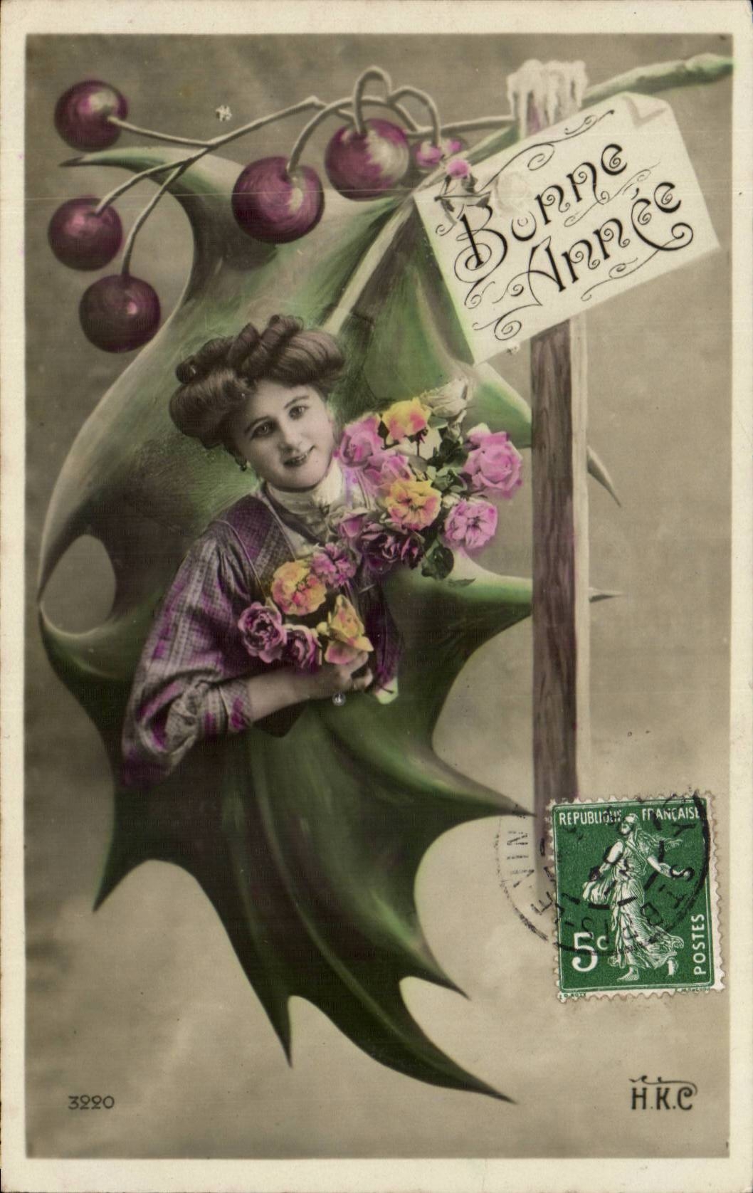 Femme avec bouquet de fleurs — 'Bonne Année' — H.K.C. n°3220
