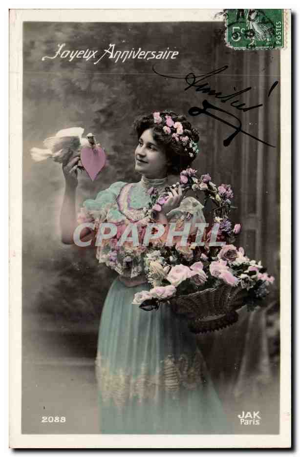 Frau in blühender Kleidung, die einen Taube und einen Blumenkorb hält — Frohes Geburtstag — JAK Paris n°2088