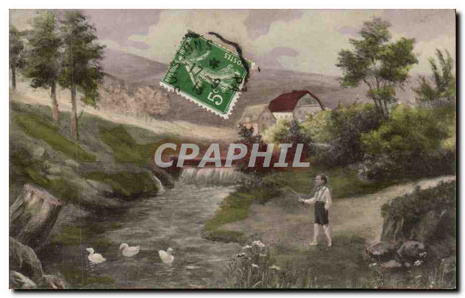 Fantaisie - Enfants - Enfant avec baton - canard - CPA 