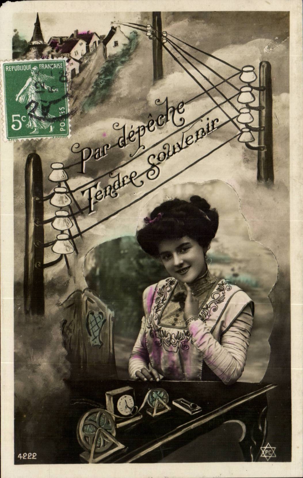 Giovane donna al bureau telegrafico — cartolina illustrata — editore PCP, n° 4222