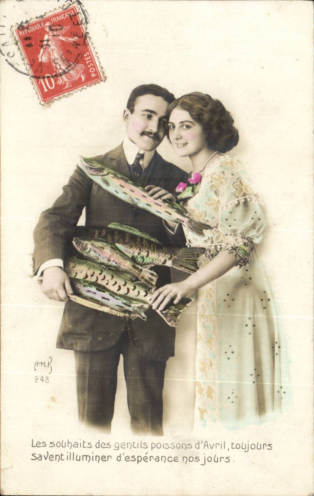 Fantaisie - Couple - 1er Avril - Poisson d'avril - Les souhaits des gentils poissons - CPA 