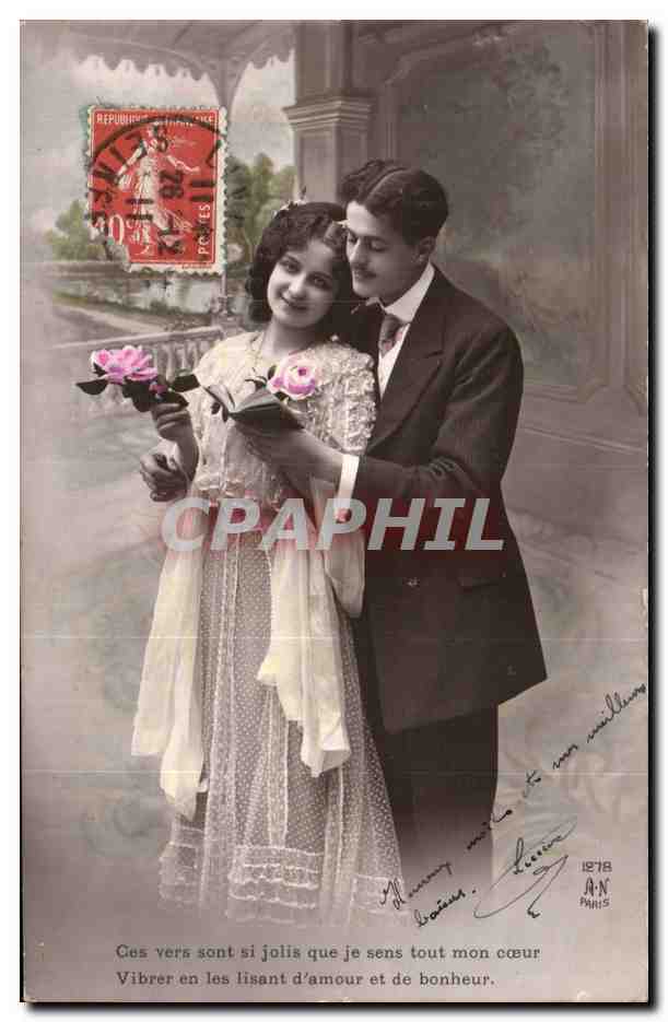 Fantaisie - Couple - Ces vers sont si jolie que je sens tout mon coeur - CPA 
