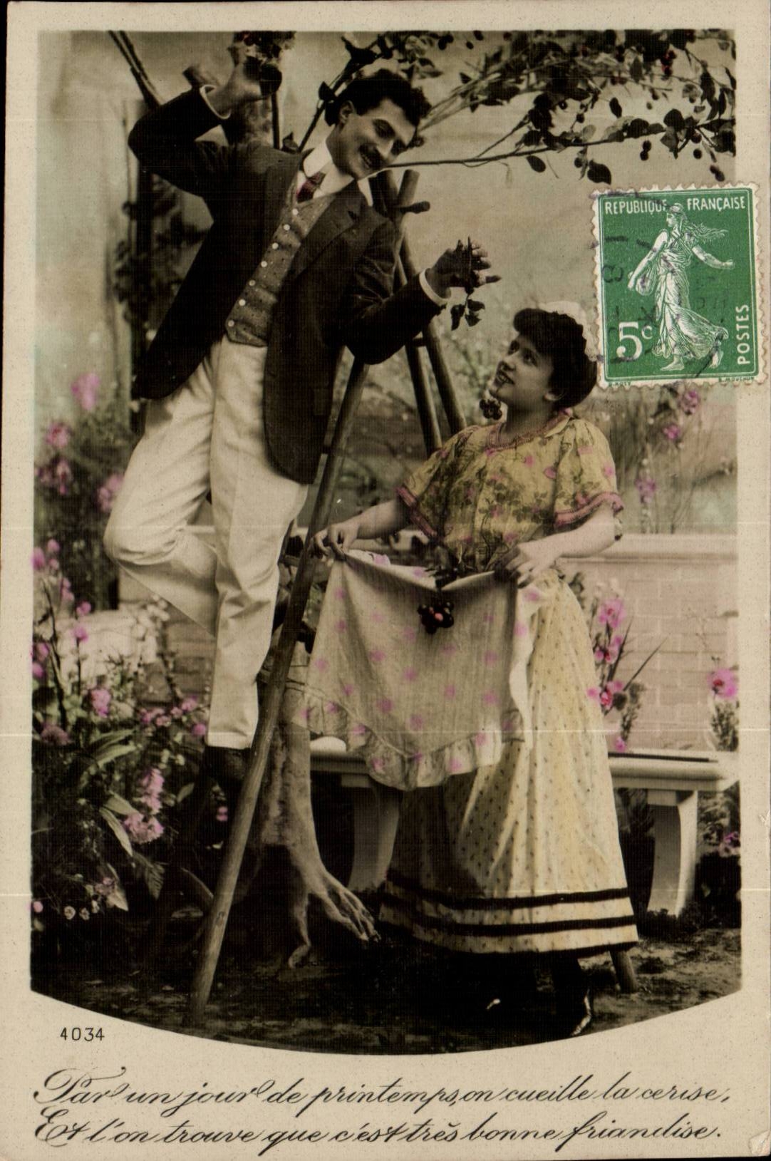 Fantaisie - Couple - Cerise - Un jour de printemps on cueille la cerise - CPA 